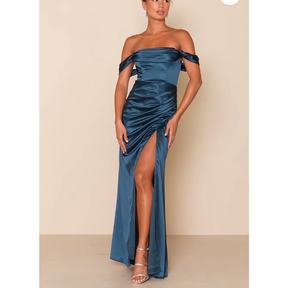 Lulus Stunning Arrival Dark Teal Satin Off-The-Shoulder Maxi Dress Gown XS NEW - Picture 5 of 14
